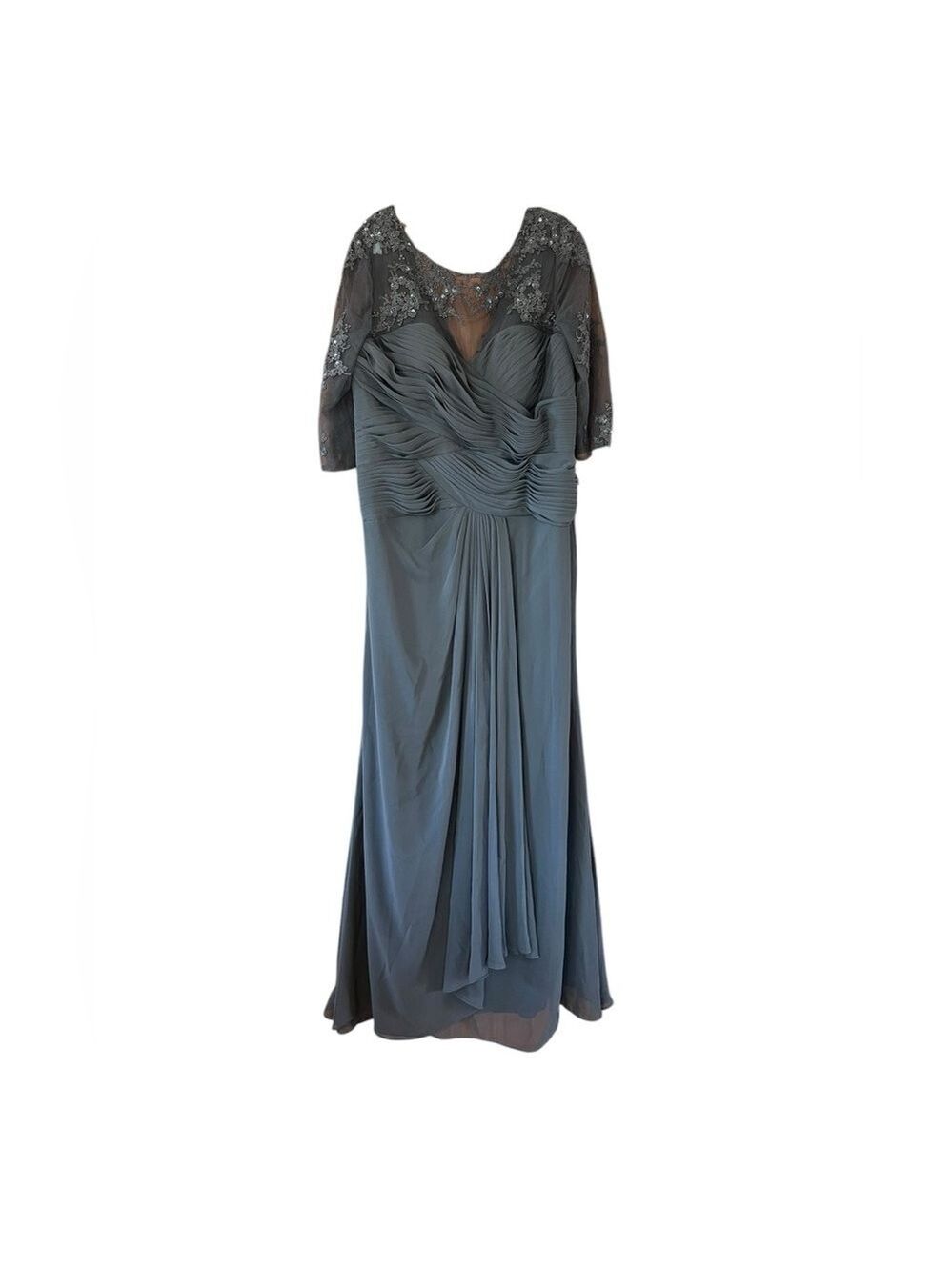 JJs House Gray Ruched Tiered V Neck Gown